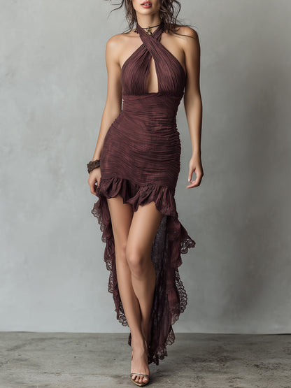 Vestido maxi con escote cruzado, ribete de encaje y dobladillo en alto-bajo