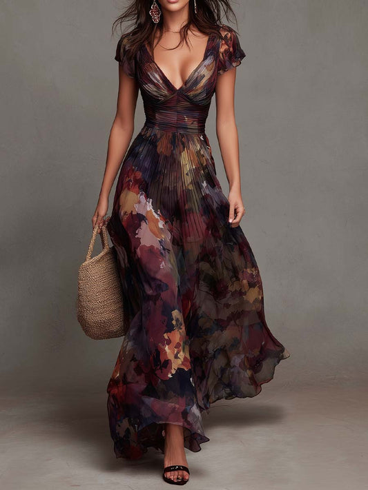 Vestido maxi de chifón plisado con estampado floral en acuarela vintage