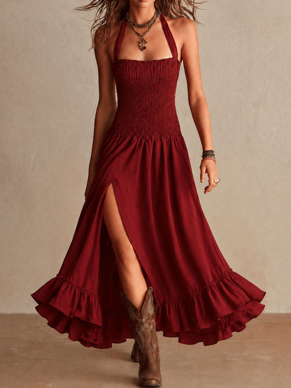 Vestido maxi halter bohemio western de mezcla algodón-lino color rojo óxido con fruncido