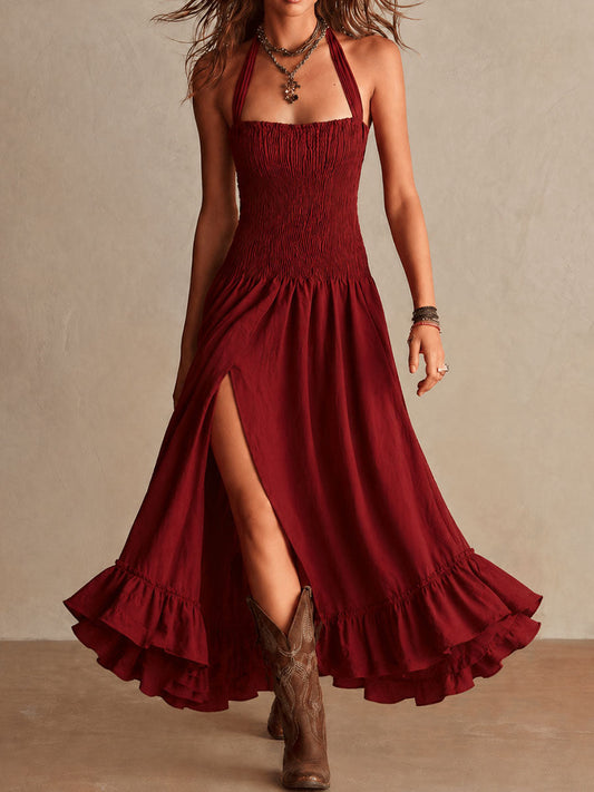 Vestido maxi halter bohemio western de mezcla algodón-lino color rojo óxido con fruncido