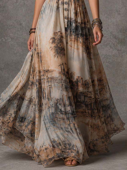 Vestido maxi halter de gasa con estampado de acuarela costero