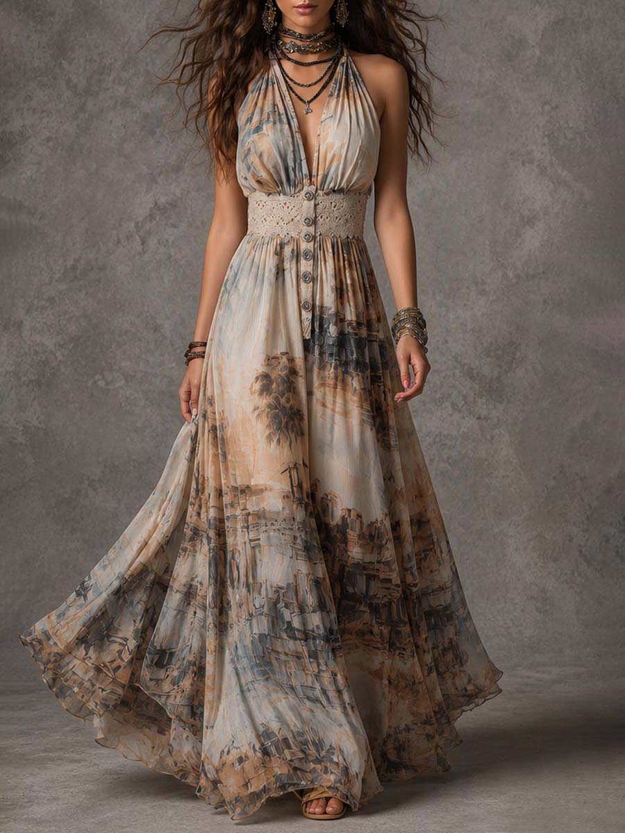 Vestido maxi halter de gasa con estampado de acuarela costero