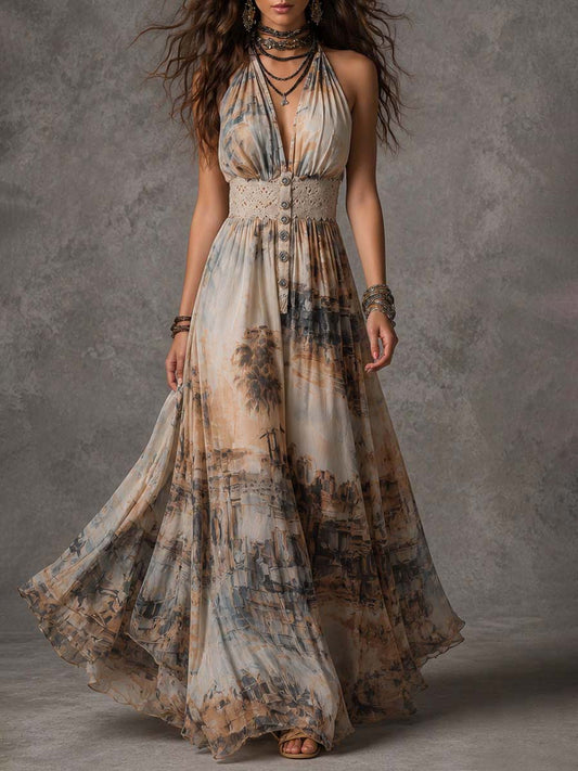 Vestido maxi halter de gasa con estampado de acuarela costero