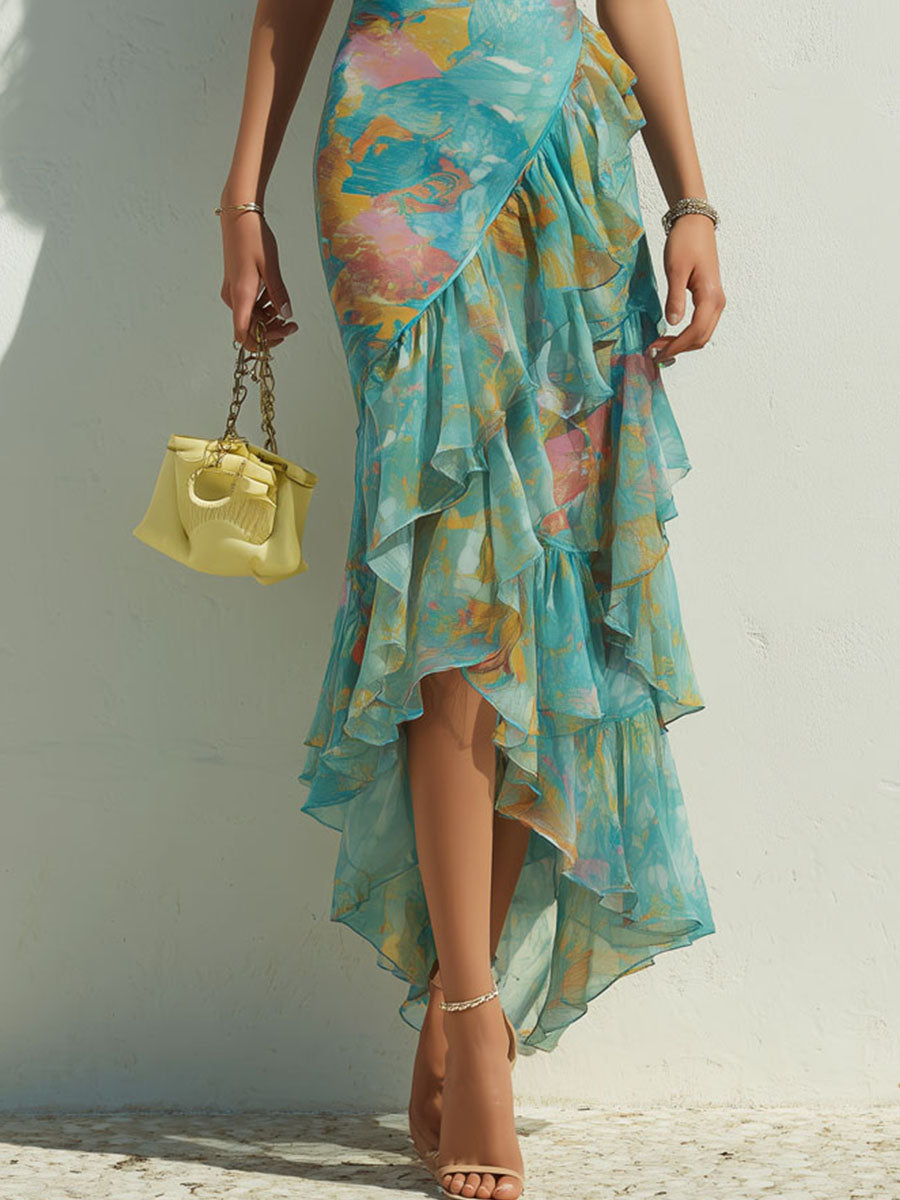 Vestido midi de chiffón con volante asimétrico y estampado floral tropical de estilo bohemio