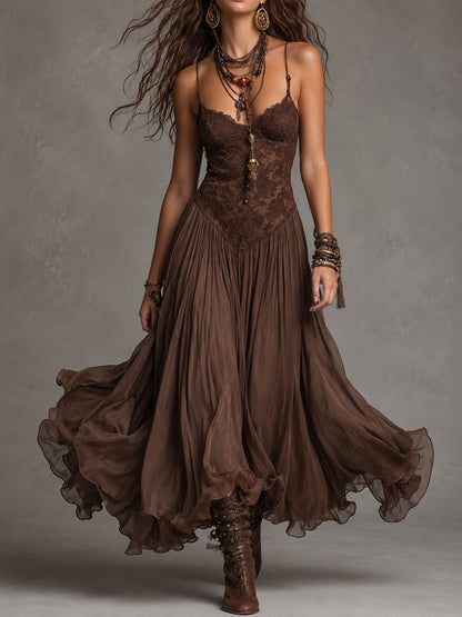 Vestido maxi corsé de encaje y chifón marrón oscuro