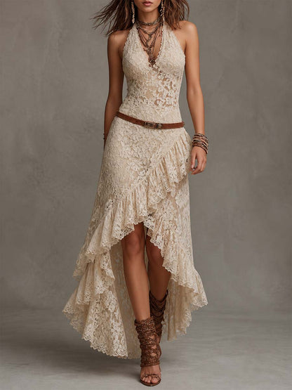 Vestido midi de encaje crema con escote halter y dobladillo alto-bajo vintage