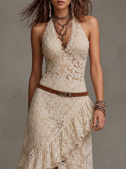 Vestido midi de encaje crema con escote halter y dobladillo alto-bajo vintage