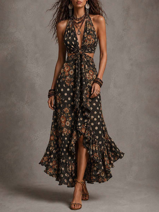Vestido midi bohemio con estampado floral lunar y escote halter con recortes