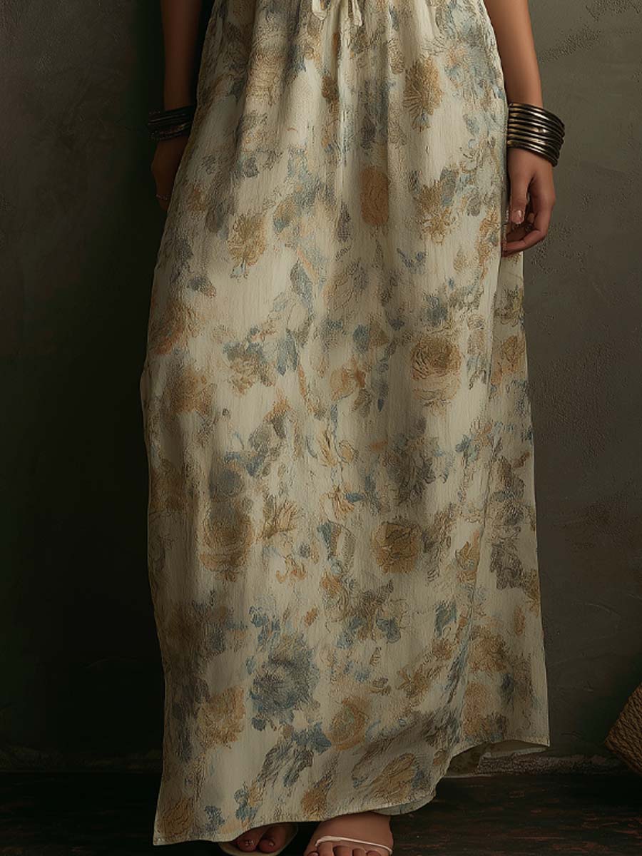 Vestido maxi de algodón-lino con estampado floral estilo papel tapiz vintage