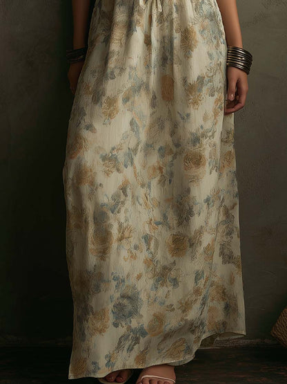 Vestido maxi de algodón-lino con estampado floral estilo papel tapiz vintage