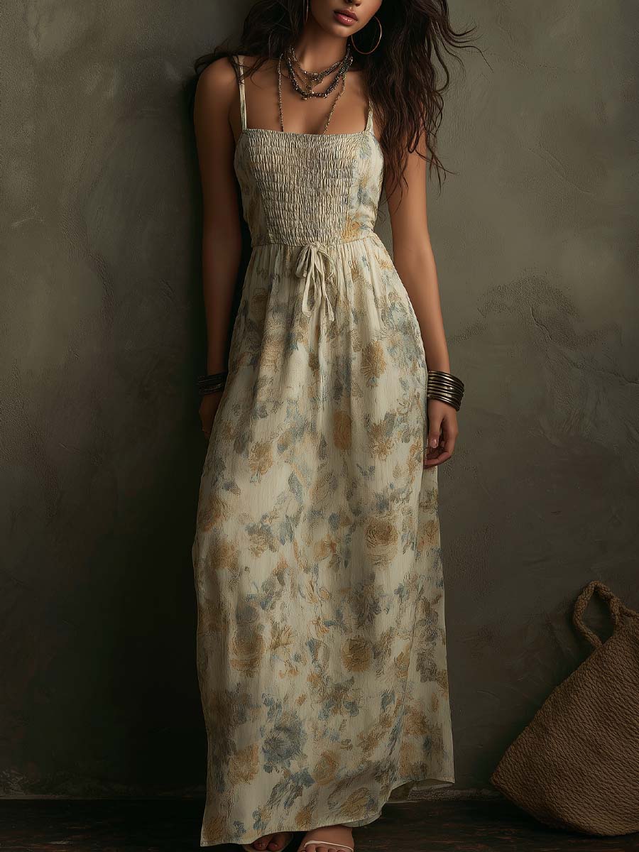 Vestido maxi de algodón-lino con estampado floral estilo papel tapiz vintage