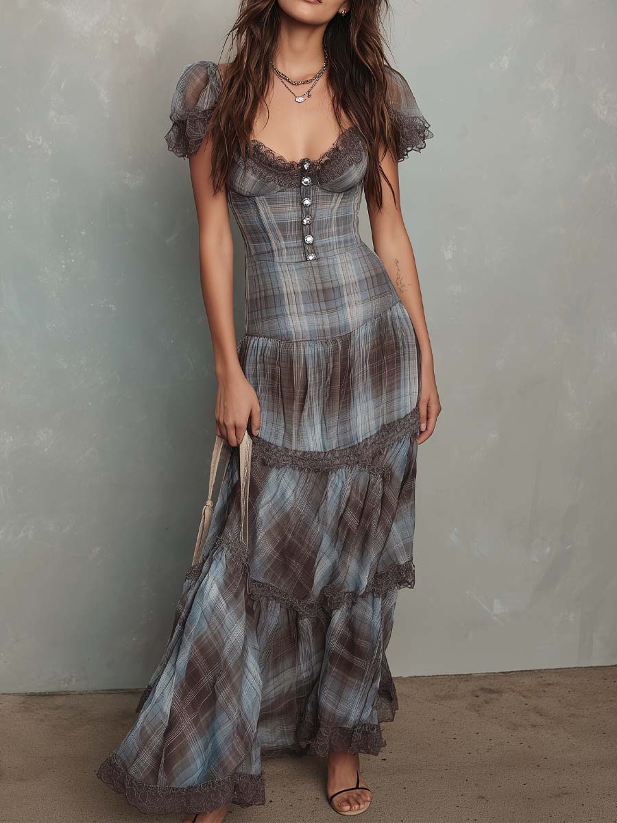 Vestido maxi de chiffon a cuadros retro