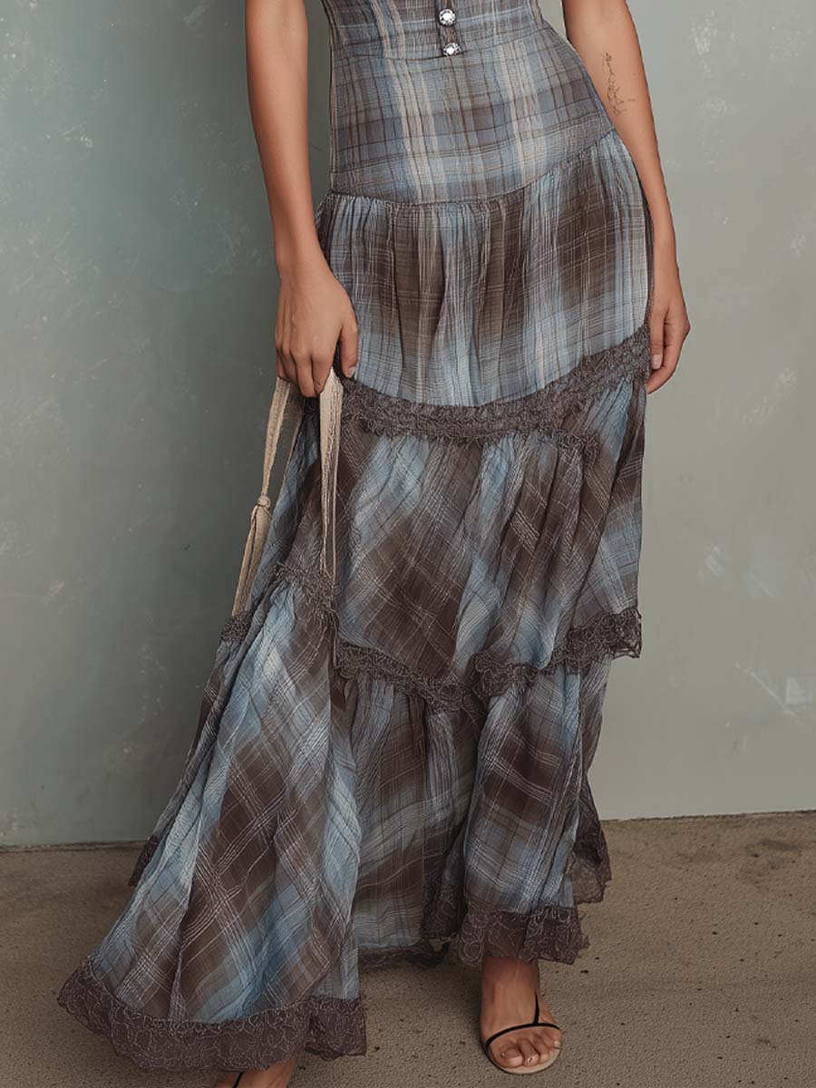 Vestido maxi de chiffon a cuadros retro