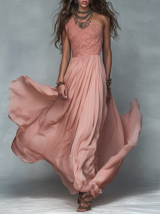 Vestido maxi bohemio de un solo hombro con paneles de encaje, plisado y silueta en A
