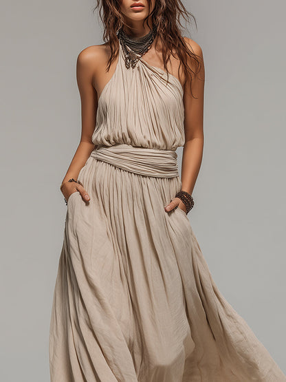 Vestido maxi bohemio de un solo hombro con pliegues y corte en A, con ribete de encaje