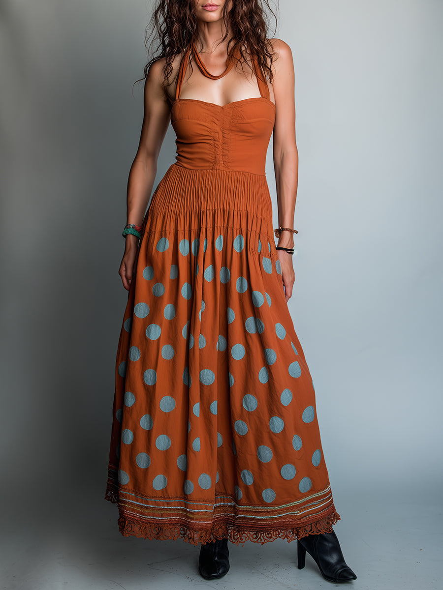 Vestido maxi de corte A con estampado retro de lunares y ribete de encaje