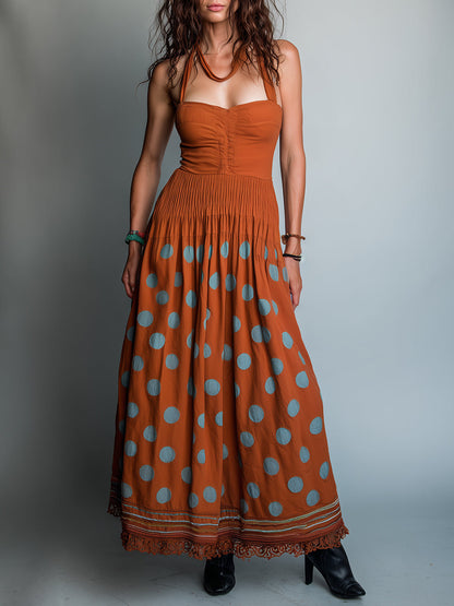 Vestido maxi de corte A con estampado retro de lunares y ribete de encaje