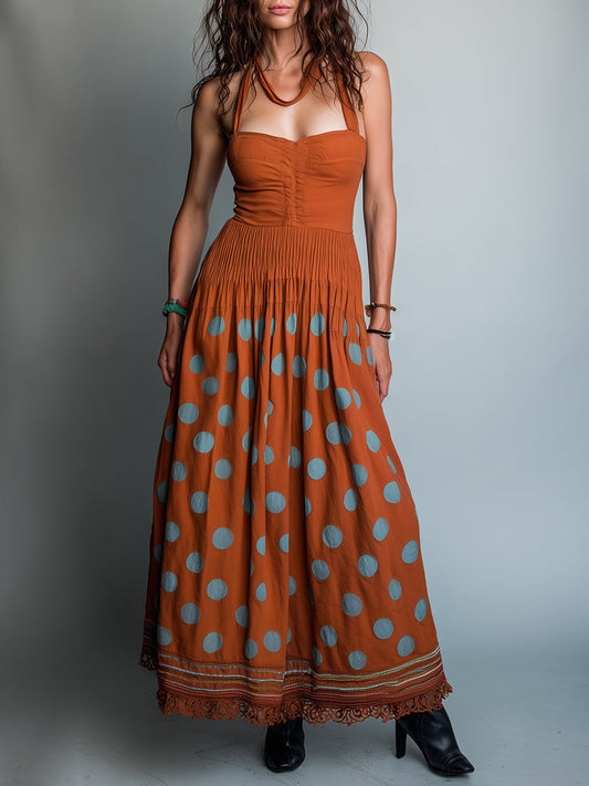 Vestido maxi de corte A con estampado retro de lunares y ribete de encaje