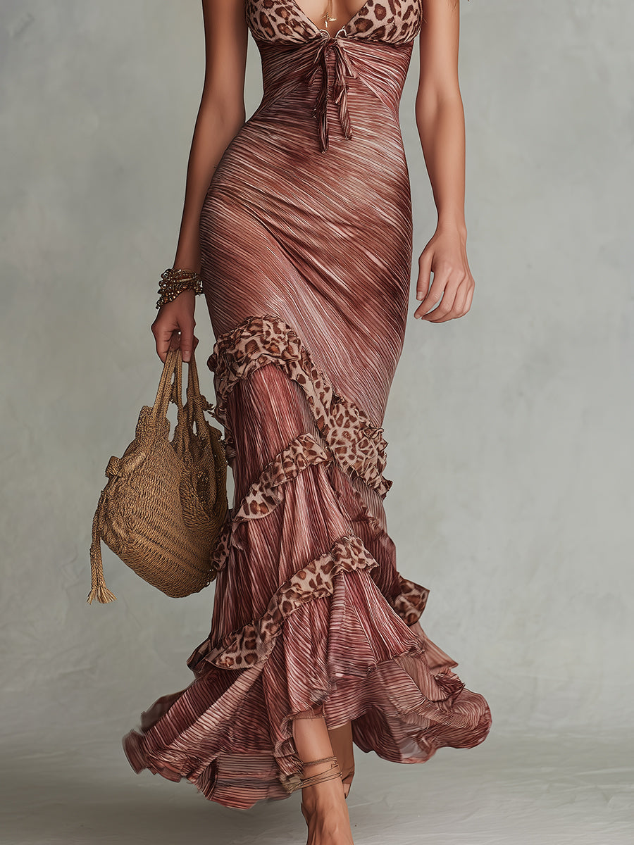 Vestido maxi sin mangas bohemio con estampado de leopardo y volantes