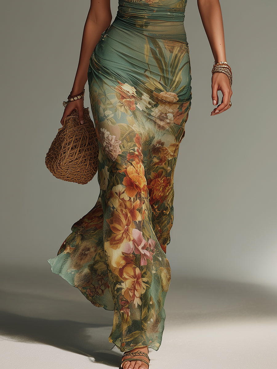 Vestido maxi de malla ajustado con estampado floral de pintura al óleo, estilo retro