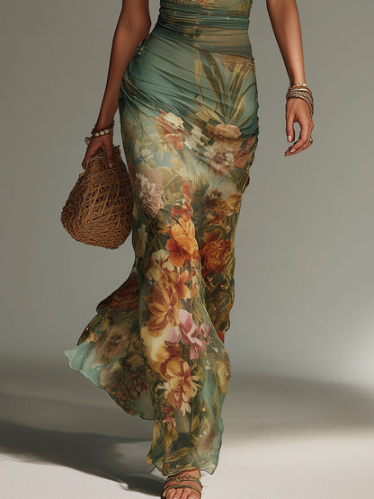 Vestido maxi de malla ajustado con estampado floral de pintura al óleo, estilo retro