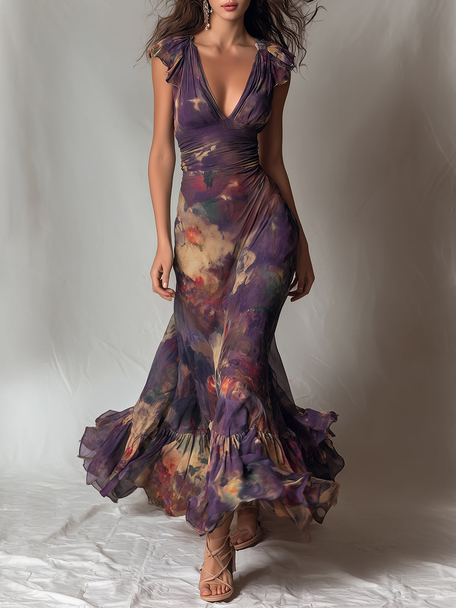 Monet Garden Vestido maxi con escote en V y ribete de volantes