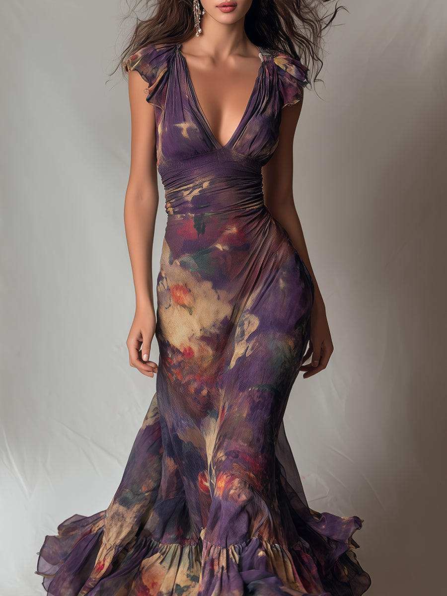 Monet Garden Vestido maxi con escote en V y ribete de volantes