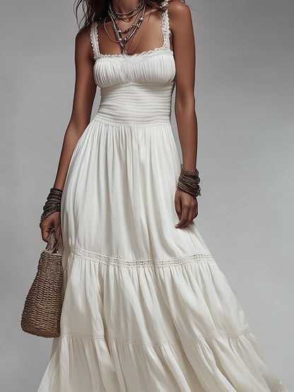 Vestido maxi de algodón bohemio con frunce y borde de encaje