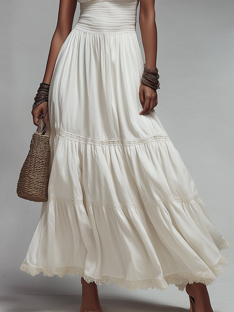 Vestido maxi de algodón bohemio con frunce y borde de encaje