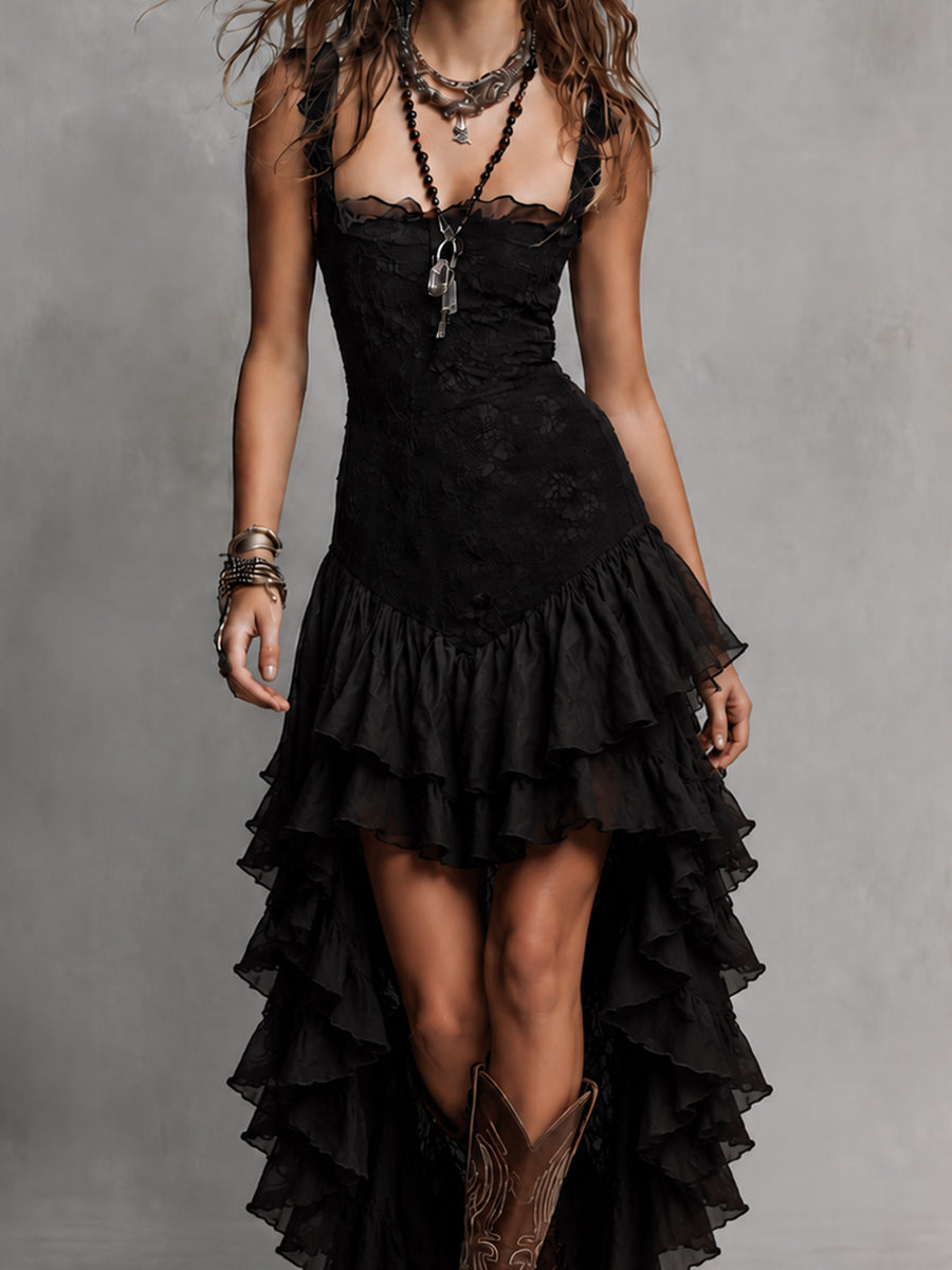 Vestido Maxi de Encaje Gótico con Varias Capas y Volantes con Dobladillo Alto-Bajo