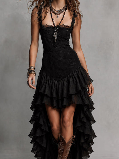 Vestido Maxi de Encaje Gótico con Varias Capas y Volantes con Dobladillo Alto-Bajo