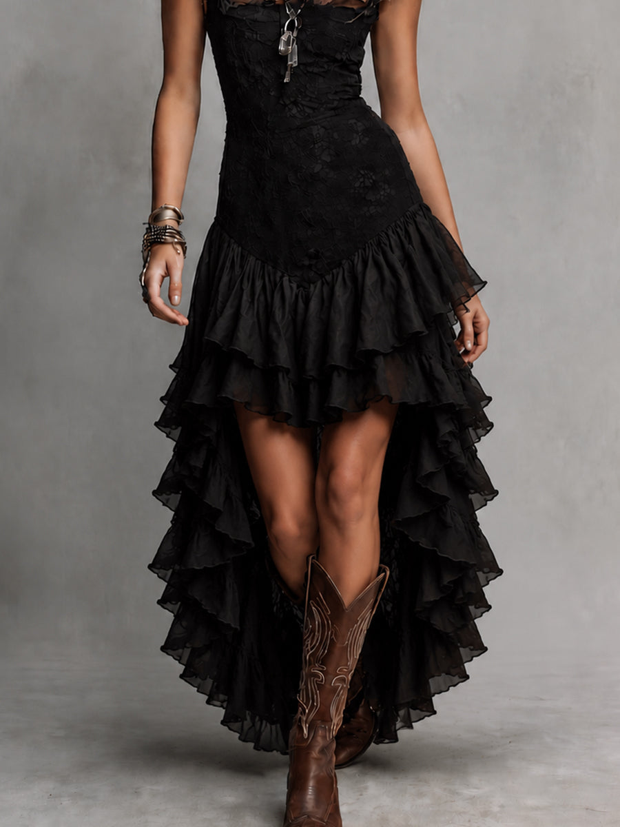 Vestido Maxi de Encaje Gótico con Varias Capas y Volantes con Dobladillo Alto-Bajo