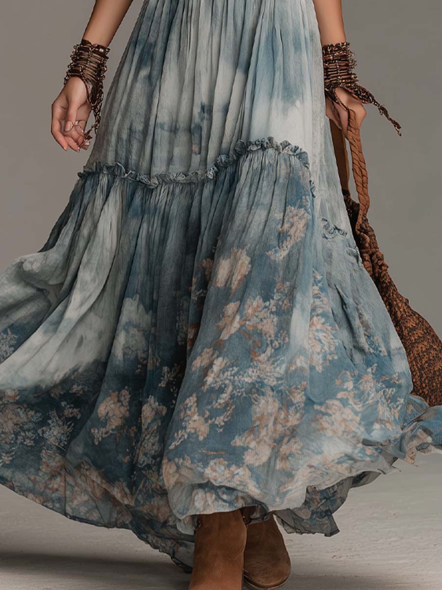 Vestido maxi halter retro con estampado floral y teñido tie-dye