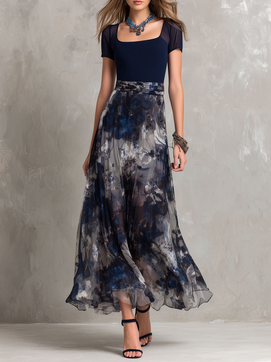 Vestido maxi bohemio elegante de chiffon azul marino con estampado floral para la noche