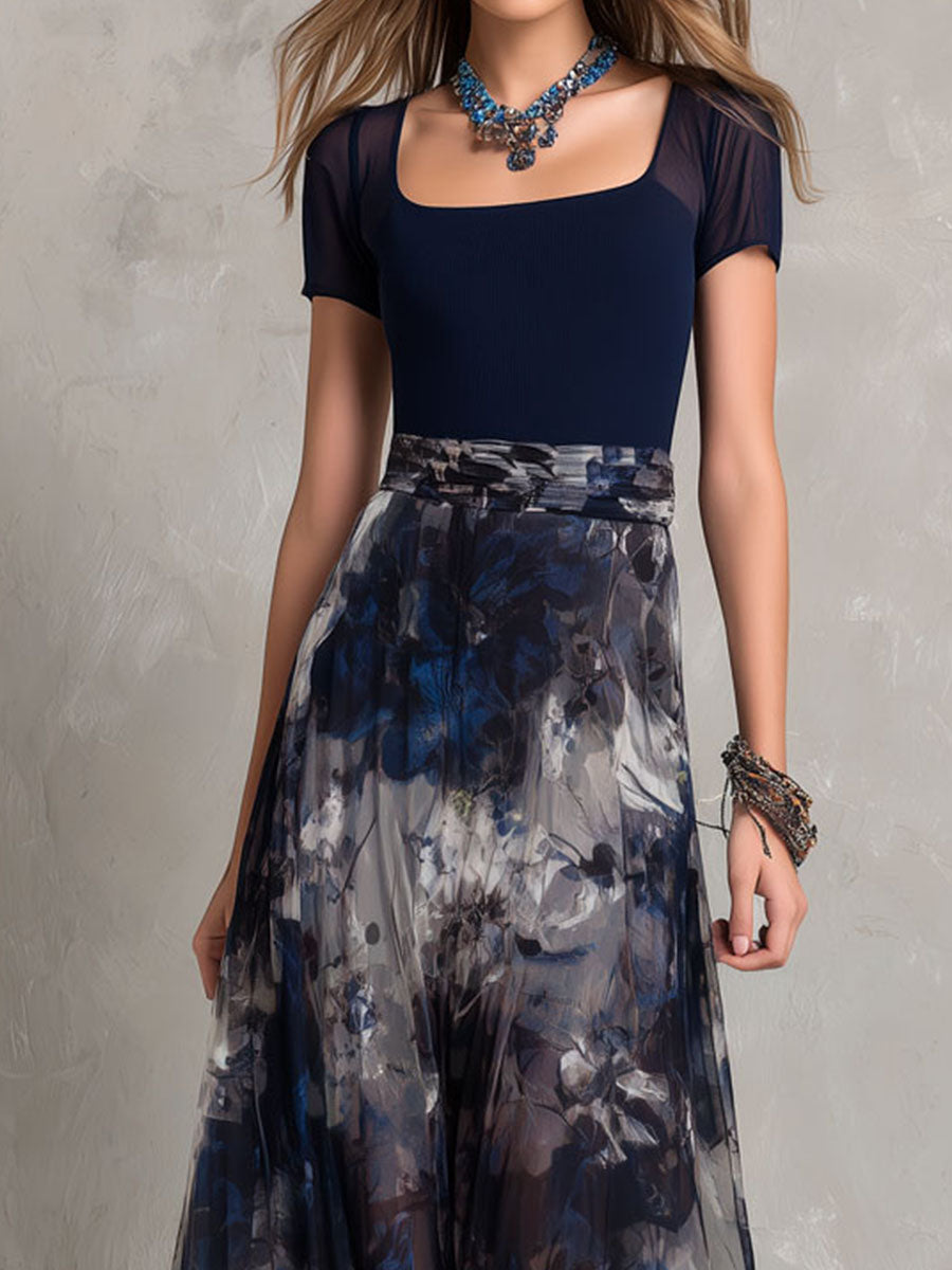 Vestido maxi bohemio elegante de chiffon azul marino con estampado floral para la noche