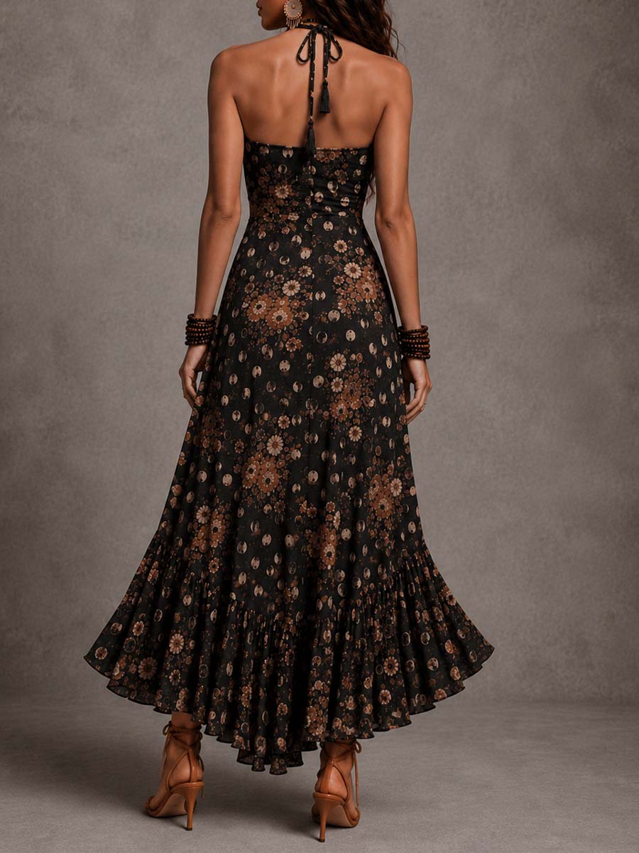 Vestido midi bohemio con estampado floral lunar y escote halter con recortes