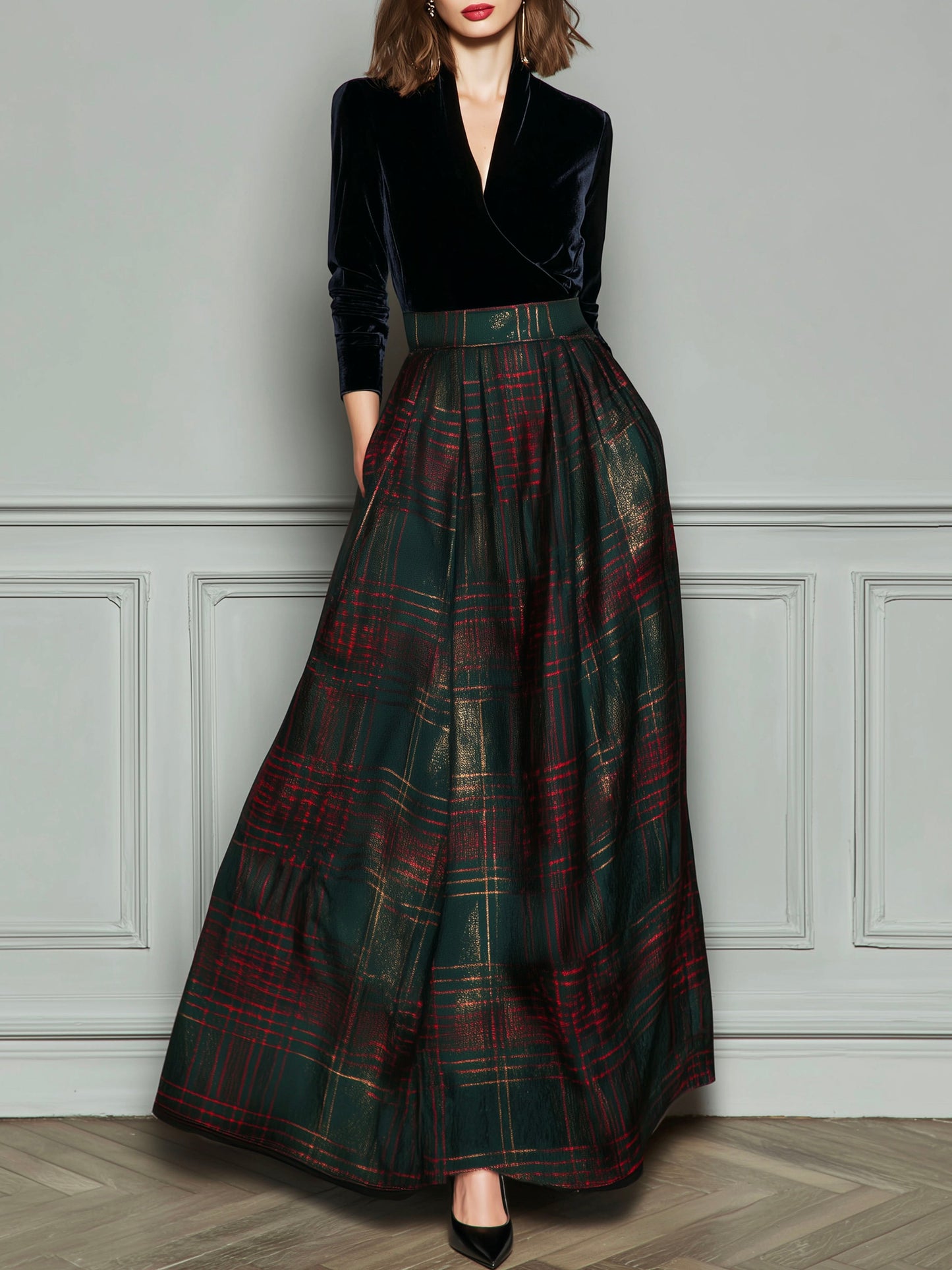 Elegante vestido de noche de cintura alta en terciopelo y cuadros con falda amplia