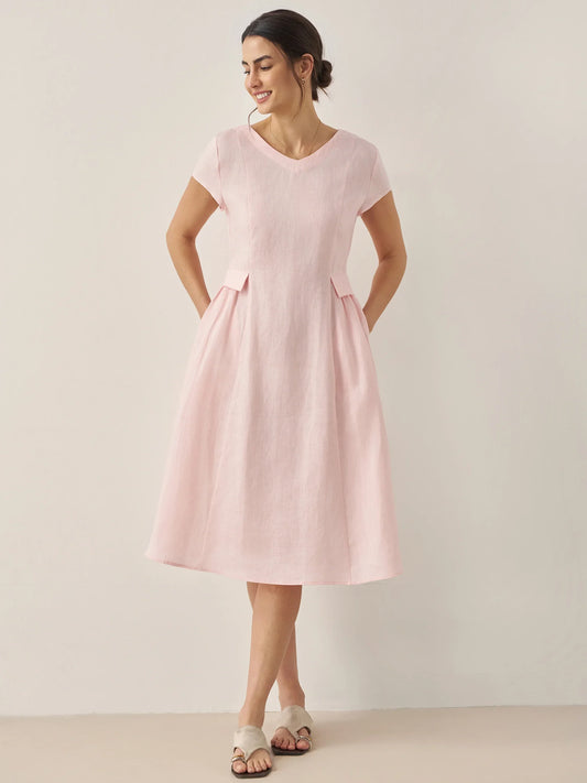 Vestido de verano 100% lino natural con cuello de pico ALEXA