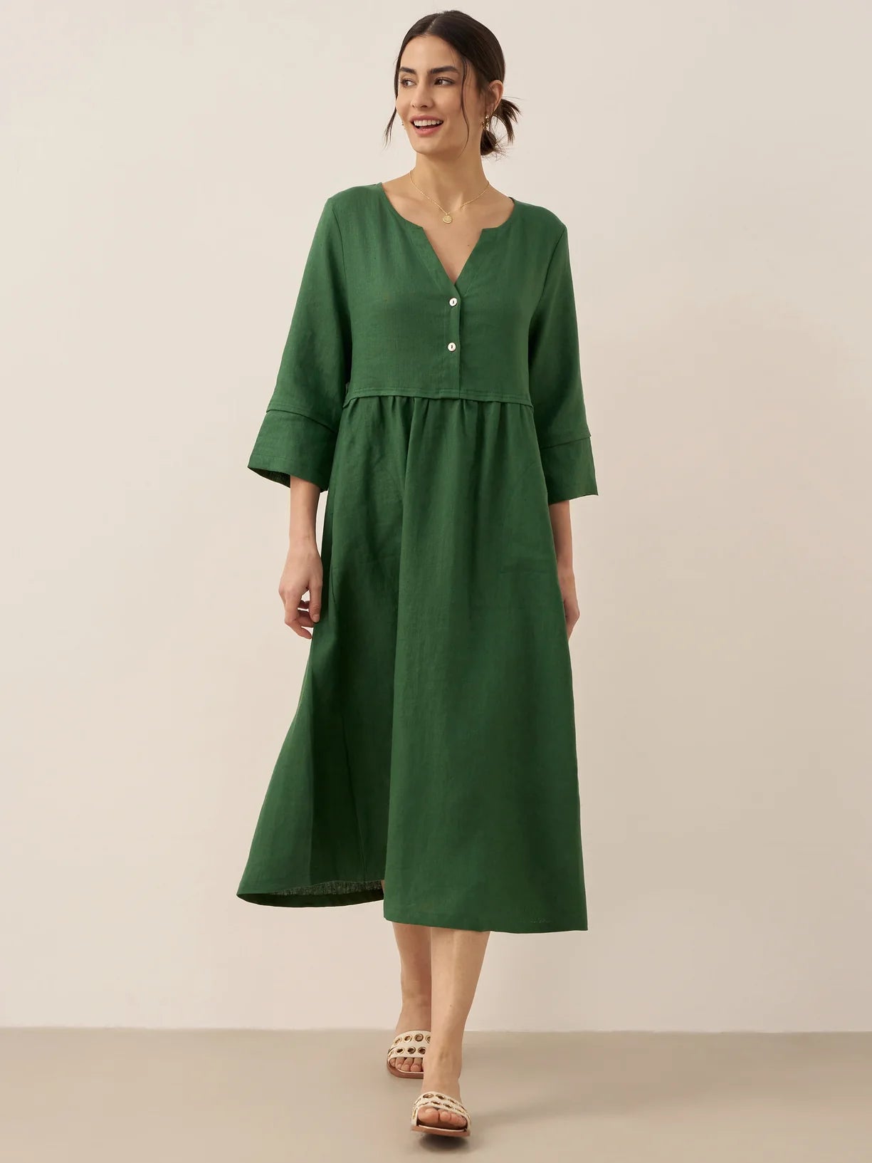 Vestido maxi LUNA 100% de lino con cintura holgada y botones recogidos