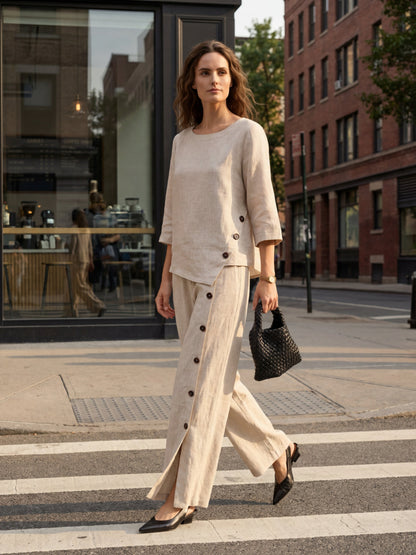 100% Lino Asimétrico-Hem Botón-Trim Top NYLA