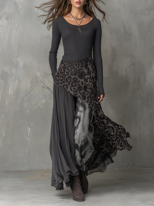 Vestido maxi bohemio con paneles en estampado de leopardo y rayas, dobladillo irregular