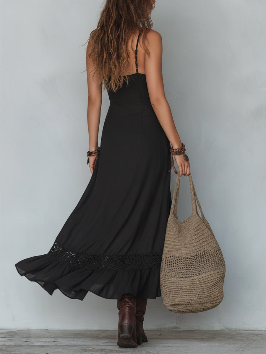 Vestido maxi retro de Tencel con dobladillo irregular rematado con encaje