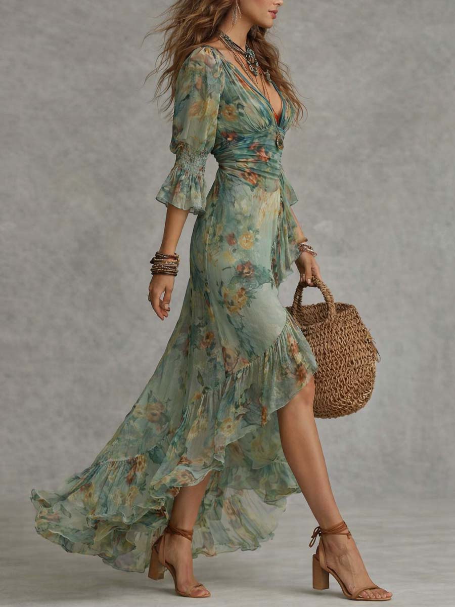 Vestido largo envolvente floral retro romántico