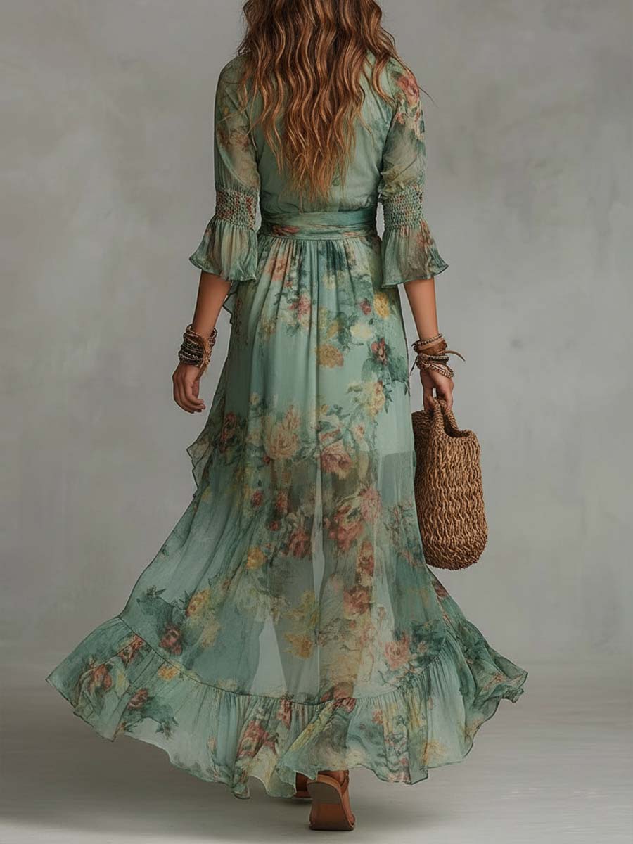 Vestido largo envolvente floral retro romántico
