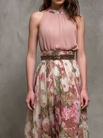Vestido maxi halter elegante con pliegues, estampado floral en rosa empolvado