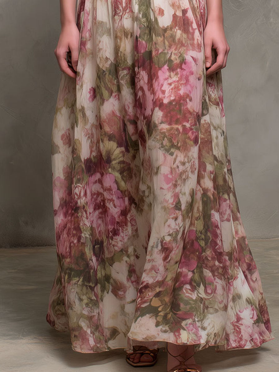 Vestido maxi halter elegante con pliegues, estampado floral en rosa empolvado