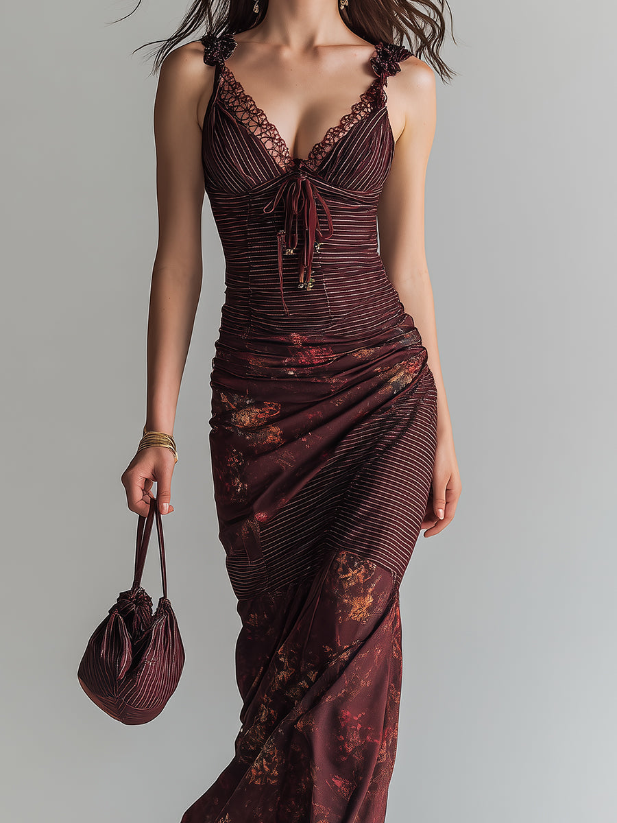 Vestido maxi de tirantes retro a rayas con flores en paneles