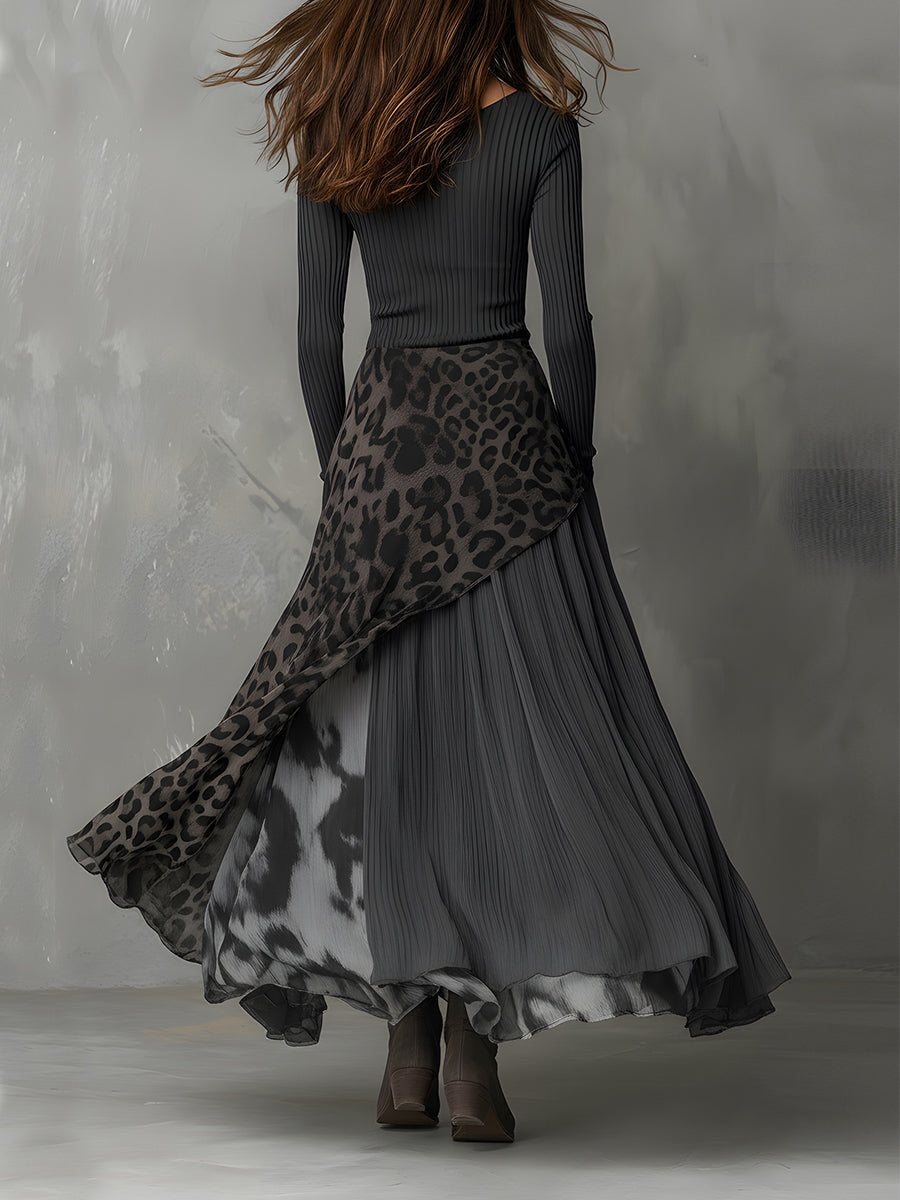 Vestido maxi bohemio con paneles en estampado de leopardo y rayas, dobladillo irregular