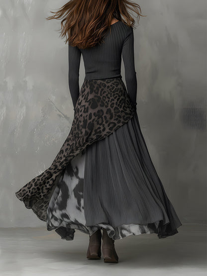 Vestido maxi bohemio con paneles en estampado de leopardo y rayas, dobladillo irregular