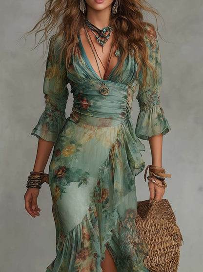 Vestido largo envolvente floral retro romántico